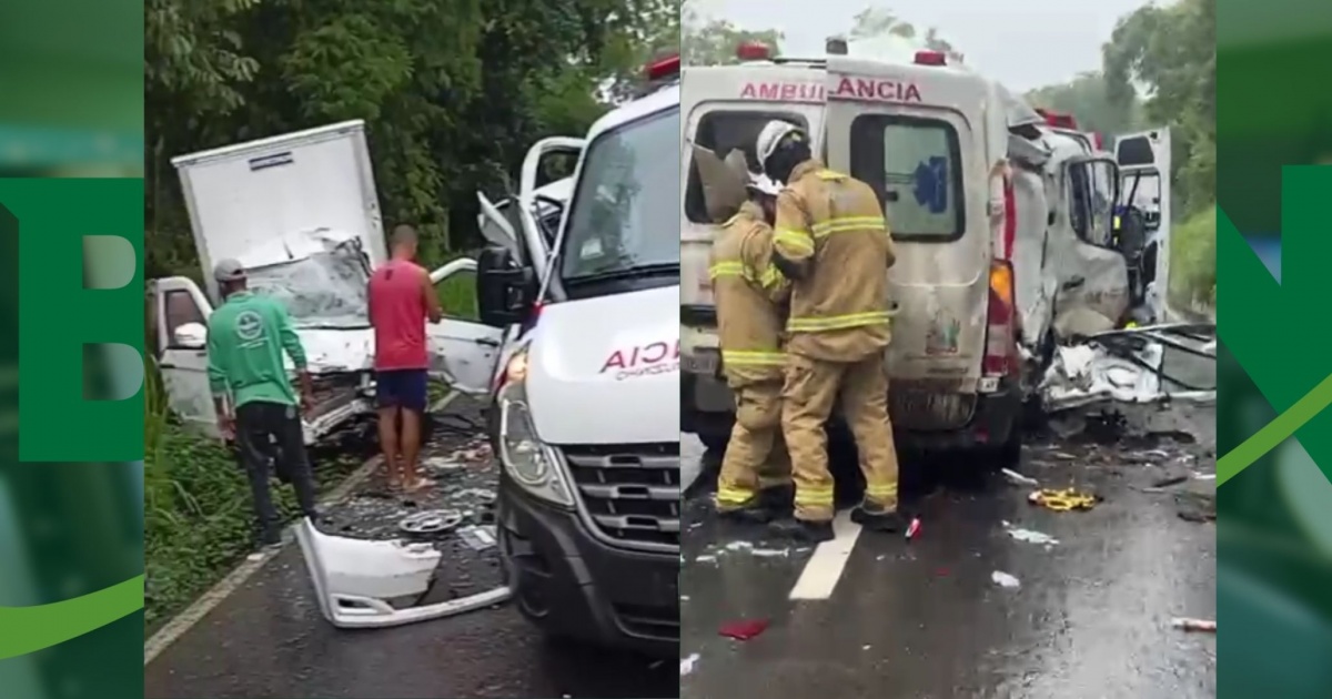 VÍDEO: Três pessoas ficam feridas em colisão de ambulância e caminhão na BR-415 entre Ilhéus e Itabuna